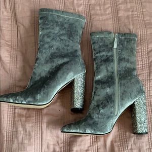 Grey suede, sparkly heel, calf high booties